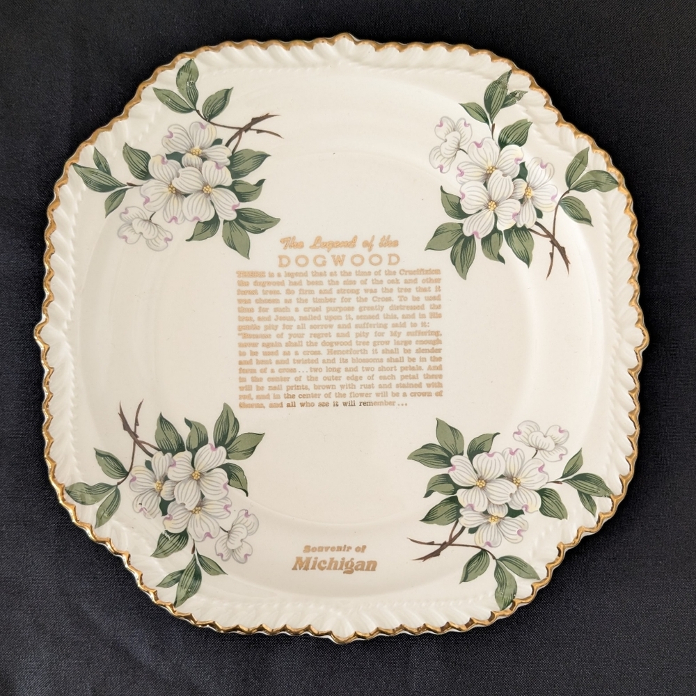 Vintage Legend Of The Dogwood Plate Souvenir‎ Of Michigan Gold Trim